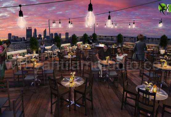 Rooftop Layout Lounge 3D Rendering Evening View